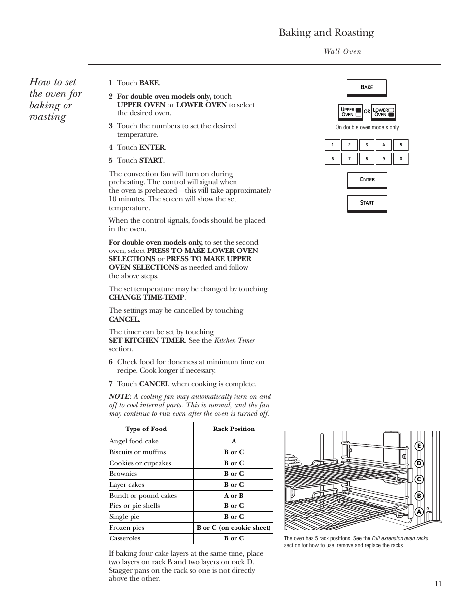 Baking, Roasting, How to set the oven for baking or roasting | Baking and roasting | GE ZET2R User Manual | Page 11 / 156