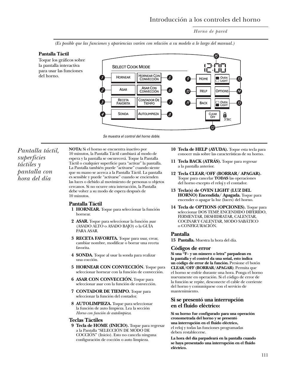 Controles, Introducción a los controles del horno, Pantalla táctil | Teclas táctiles, Pantalla, Códigos de error | GE ZET2R User Manual | Page 111 / 156