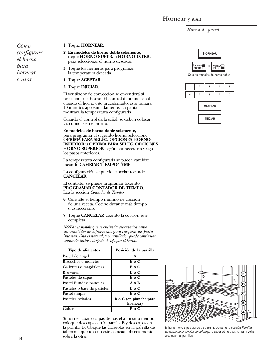 Asado, Horneado, Hornear y asar | Cómo configurar el horno para hornear o asar | GE ZET2R User Manual | Page 114 / 156