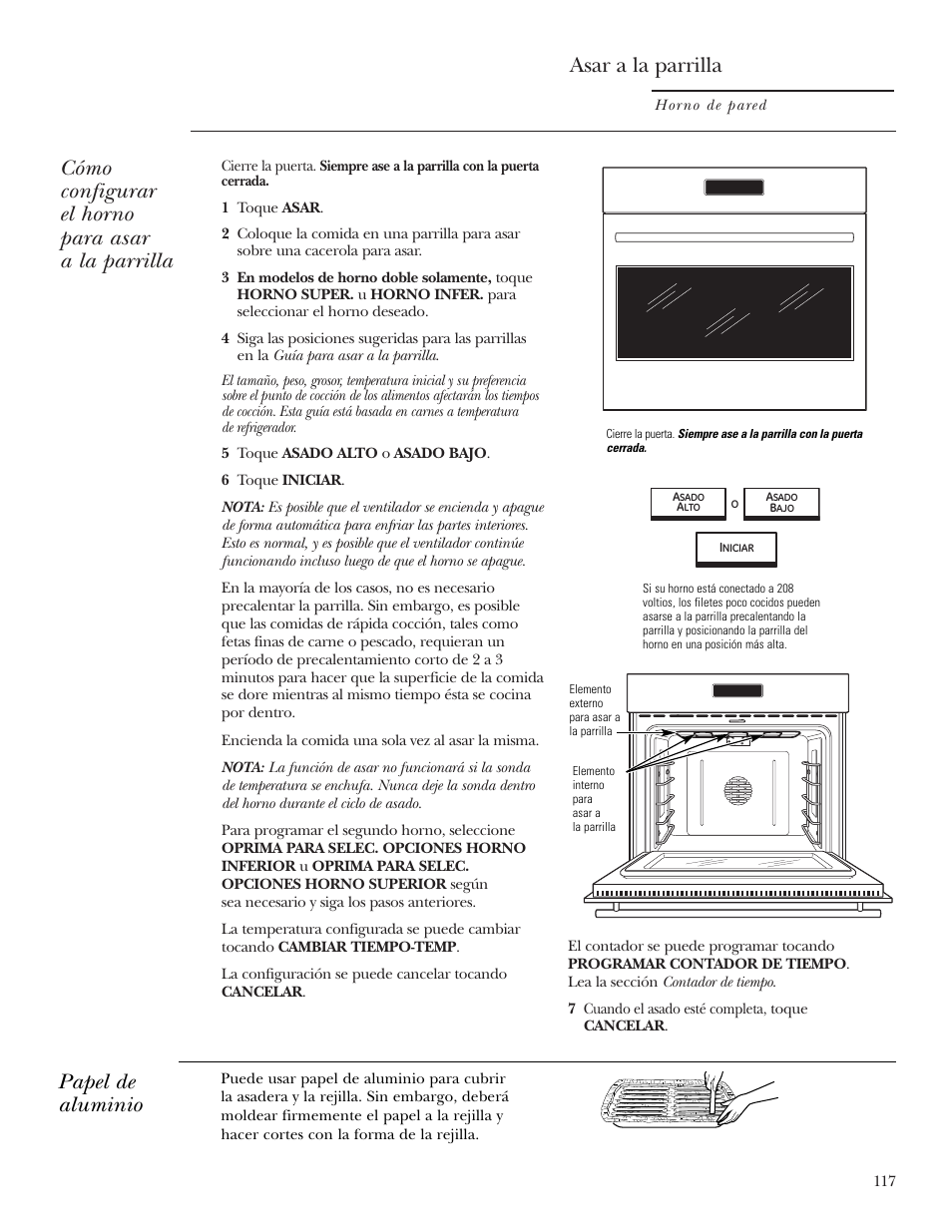 Asado a la parrilla, Asado a la parrilla , 118, Asar a la parrilla | Cómo configurar el horno para asar a la parrilla, Papel de aluminio | GE ZET2R User Manual | Page 117 / 156