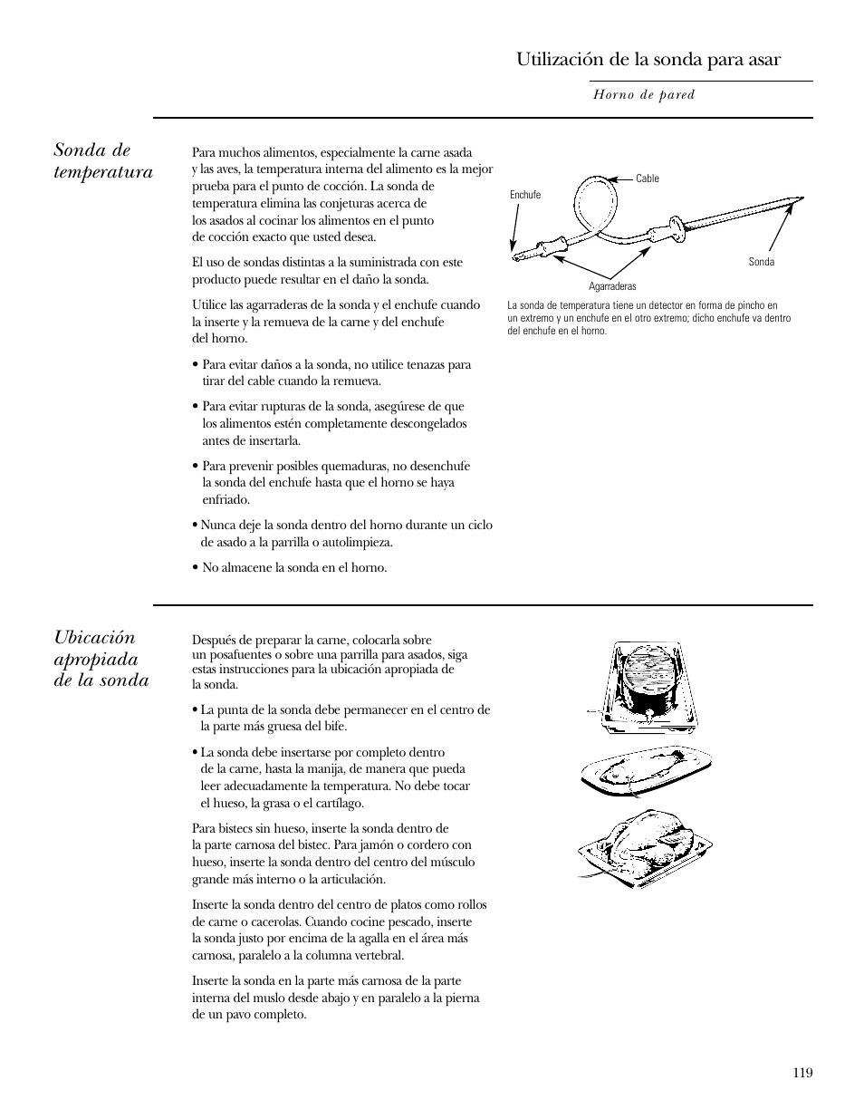 Sonda, Sonda , 120, 123, Ubicación apropiada de la sonda | Utilización de la sonda para asar, Sonda de temperatura | GE ZET2R User Manual | Page 119 / 156