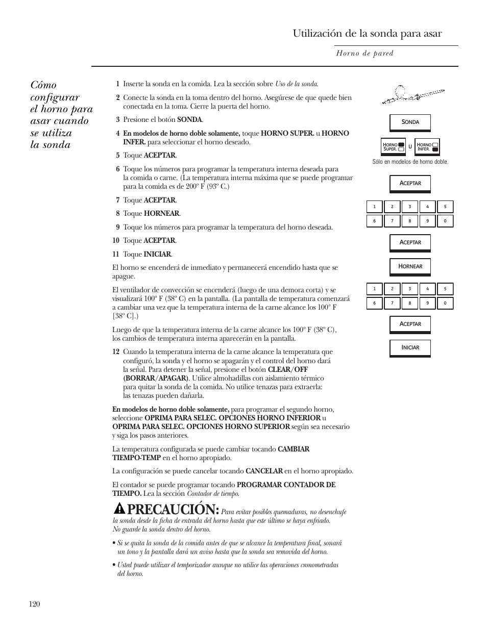 Precaución, Utilización de la sonda para asar | GE ZET2R User Manual | Page 120 / 156