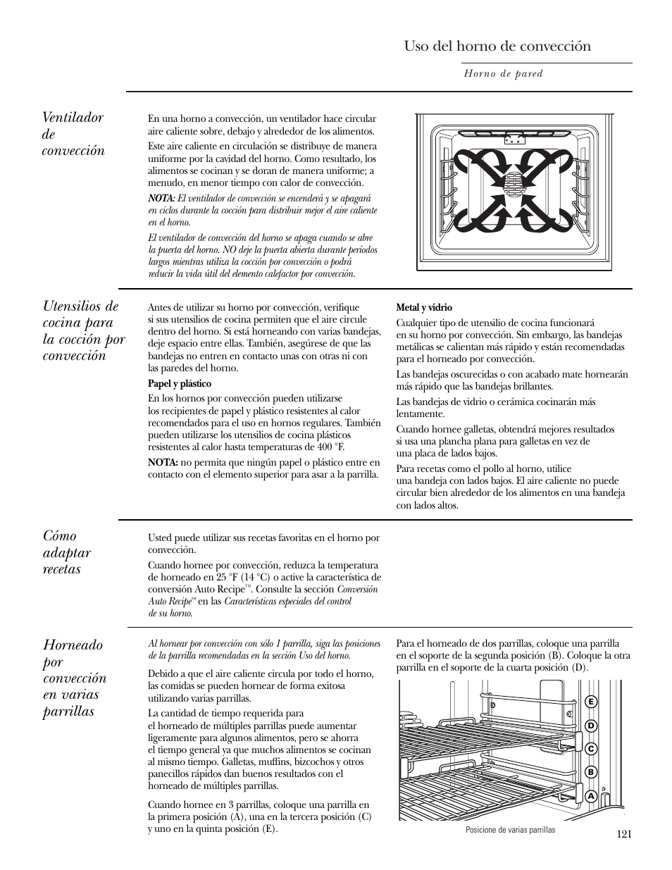 Convección, Convección –124, Uso del horno de convección | Horneado por convección en varias parrillas | GE ZET2R User Manual | Page 121 / 156