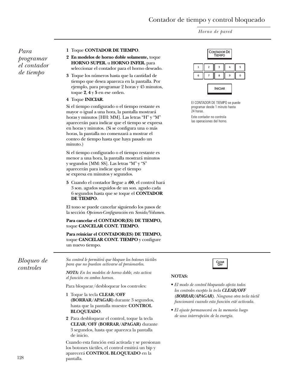 Bloqueo de control, Contador de tiempo, Contador de tiempo y control bloqueado | Para programar el contador de tiempo, Bloqueo de controles | GE ZET2R User Manual | Page 128 / 156