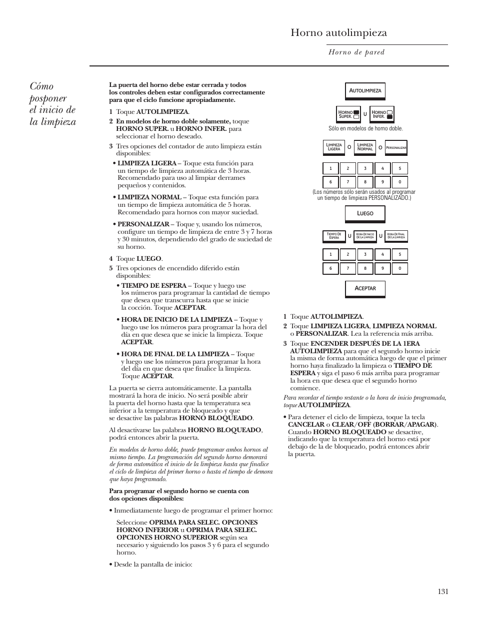 Horno autolimpieza, Cómo posponer el inicio de la limpieza, Horno de pared | GE ZET2R User Manual | Page 131 / 156