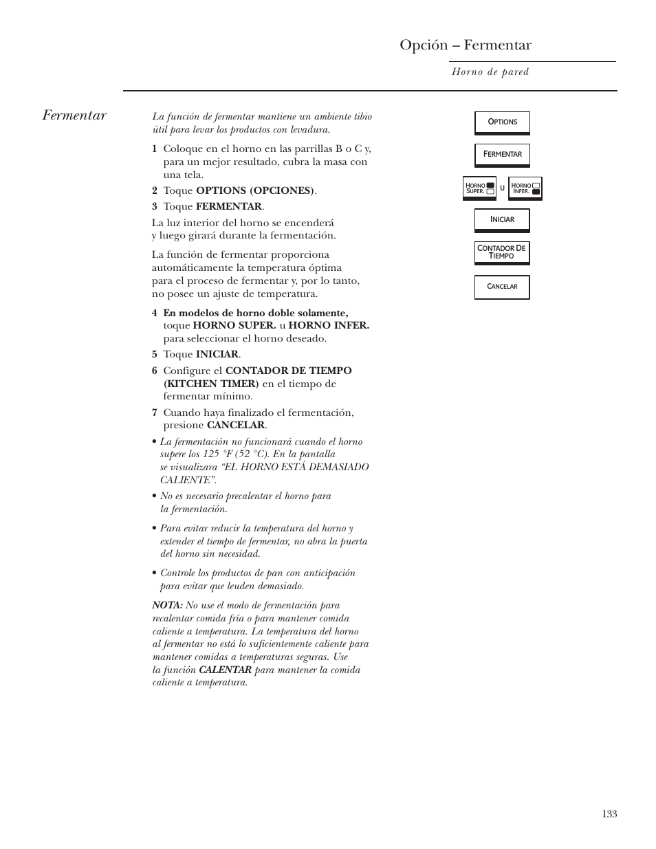 Fermentar, Opción – fermentar | GE ZET2R User Manual | Page 133 / 156