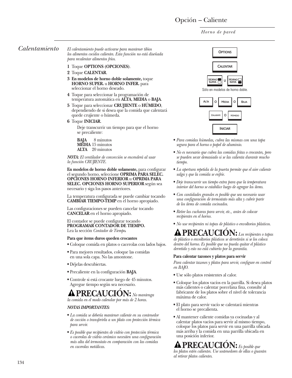 Calentar, Calentar –135, Precaución | Opción – caliente, Calentamiento | GE ZET2R User Manual | Page 134 / 156