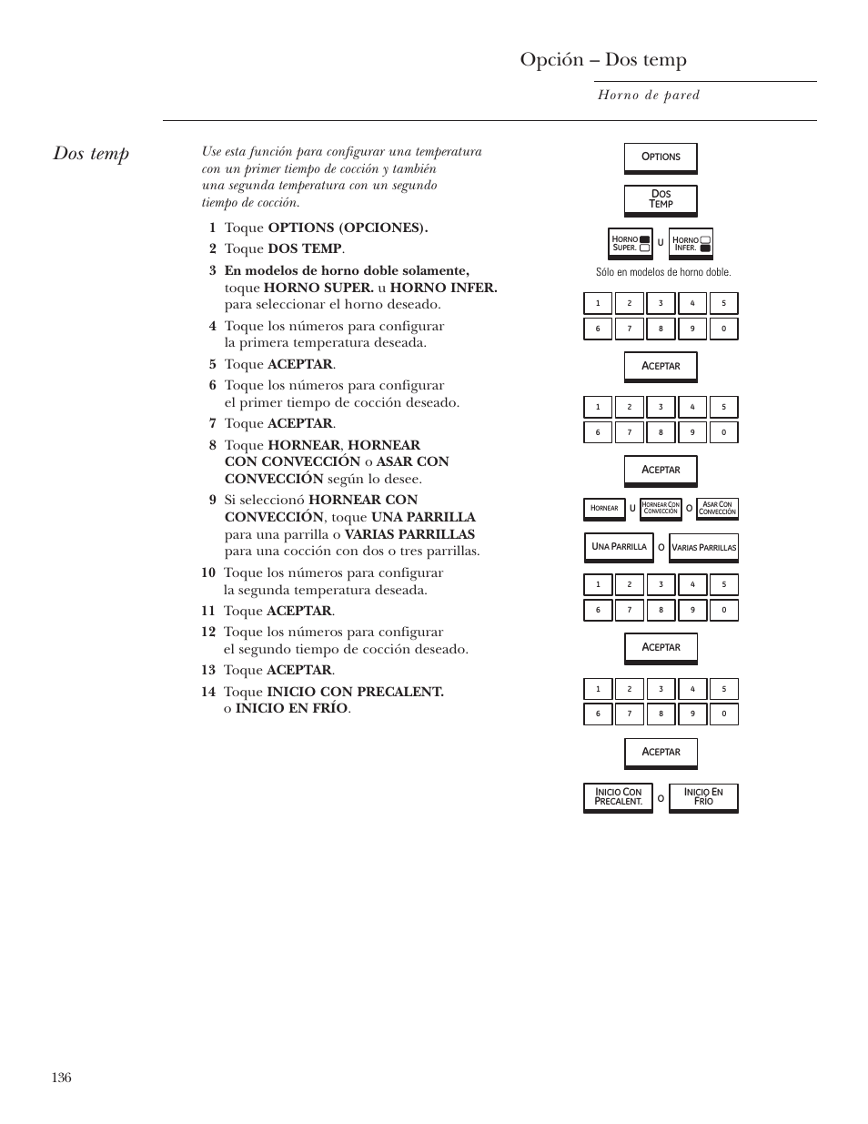 Opción dos temp, Opción – dos temp, Dos temp | Horno de pared | GE ZET2R User Manual | Page 136 / 156