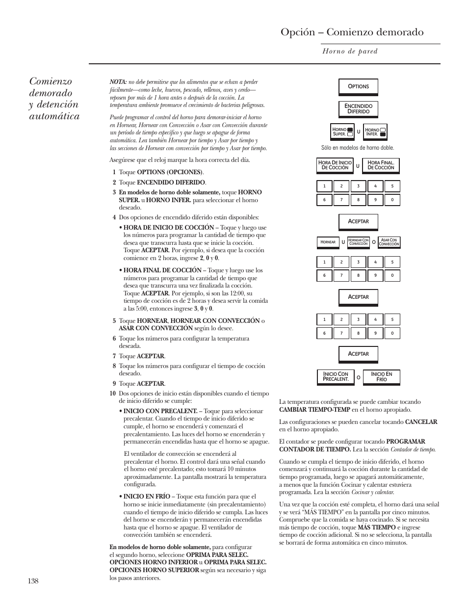 Opción de comienzo demorado, Opción – comienzo demorado, Comienzo demorado y detención automática | Horno de pared | GE ZET2R User Manual | Page 138 / 156