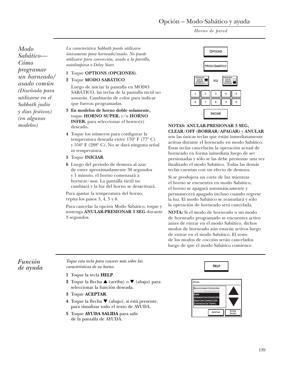 Ayuda, Opción de modo sabático, Opción – modo sabático y ayuda | Función de ayuda, Horno de pared | GE ZET2R User Manual | Page 139 / 156