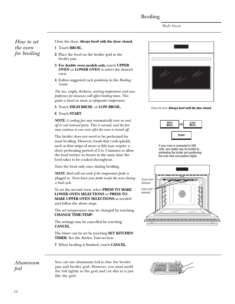 Broiling, Broiling , 15, Aluminum foil | How to set the oven for broiling | GE ZET2R User Manual | Page 14 / 156