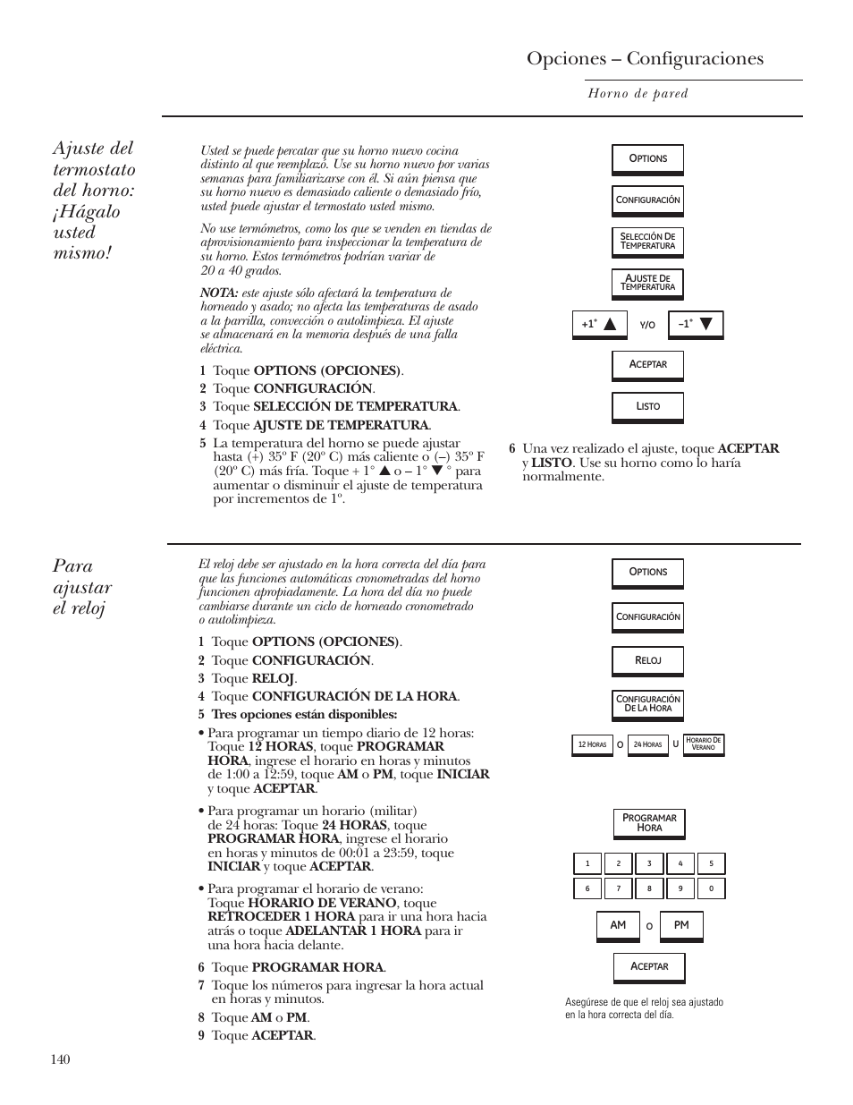 Configuración de opciones, Reloj, Termostato | Configuración de opciones –144, Opciones – configuraciones, Para ajustar el reloj | GE ZET2R User Manual | Page 140 / 156