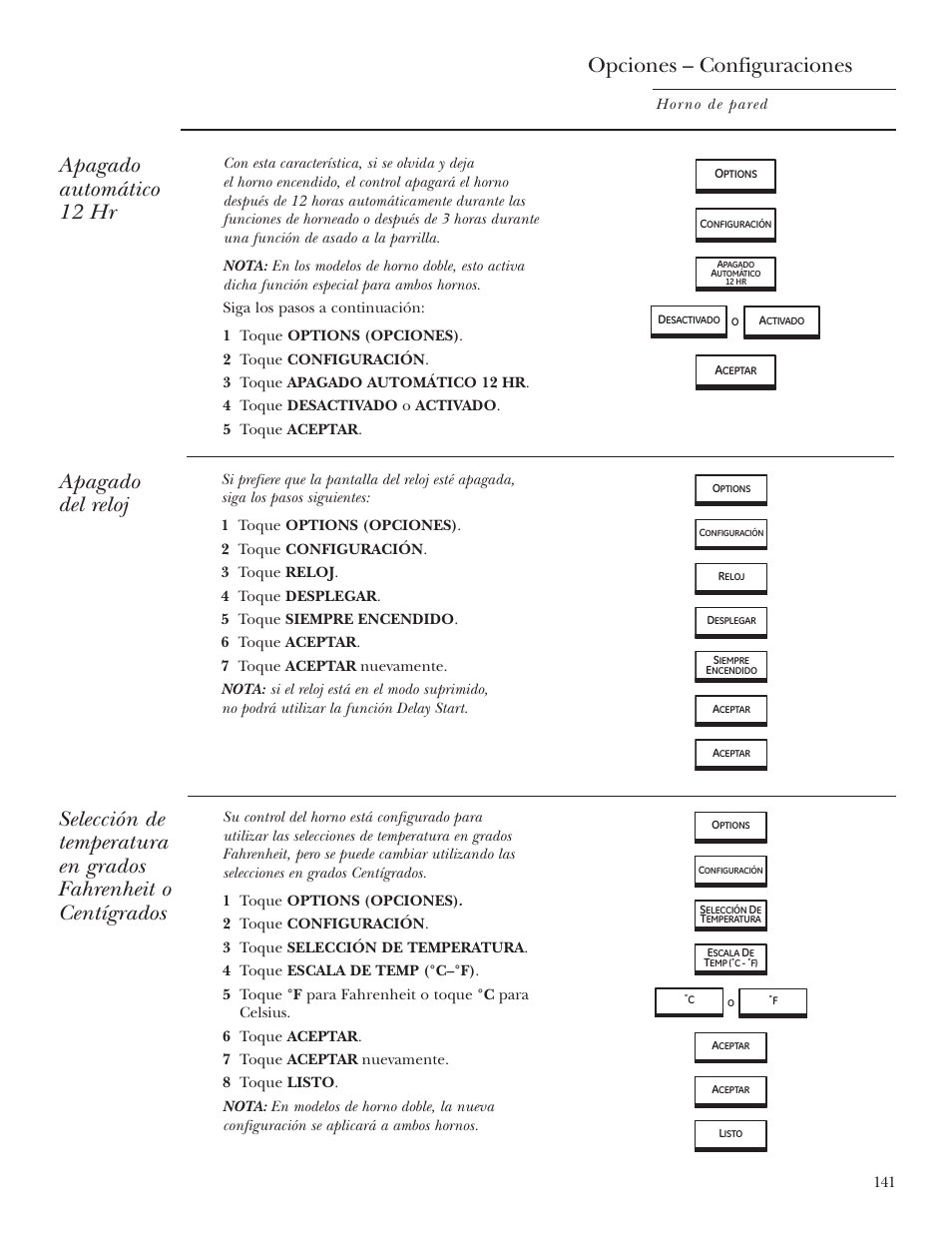 Apagado automático 12 hr, Apagado del reloj, Selección de temperatura fahrenheit o celsius | Apagado automático 12 hr apagado del reloj, Opciones – configuraciones | GE ZET2R User Manual | Page 141 / 156