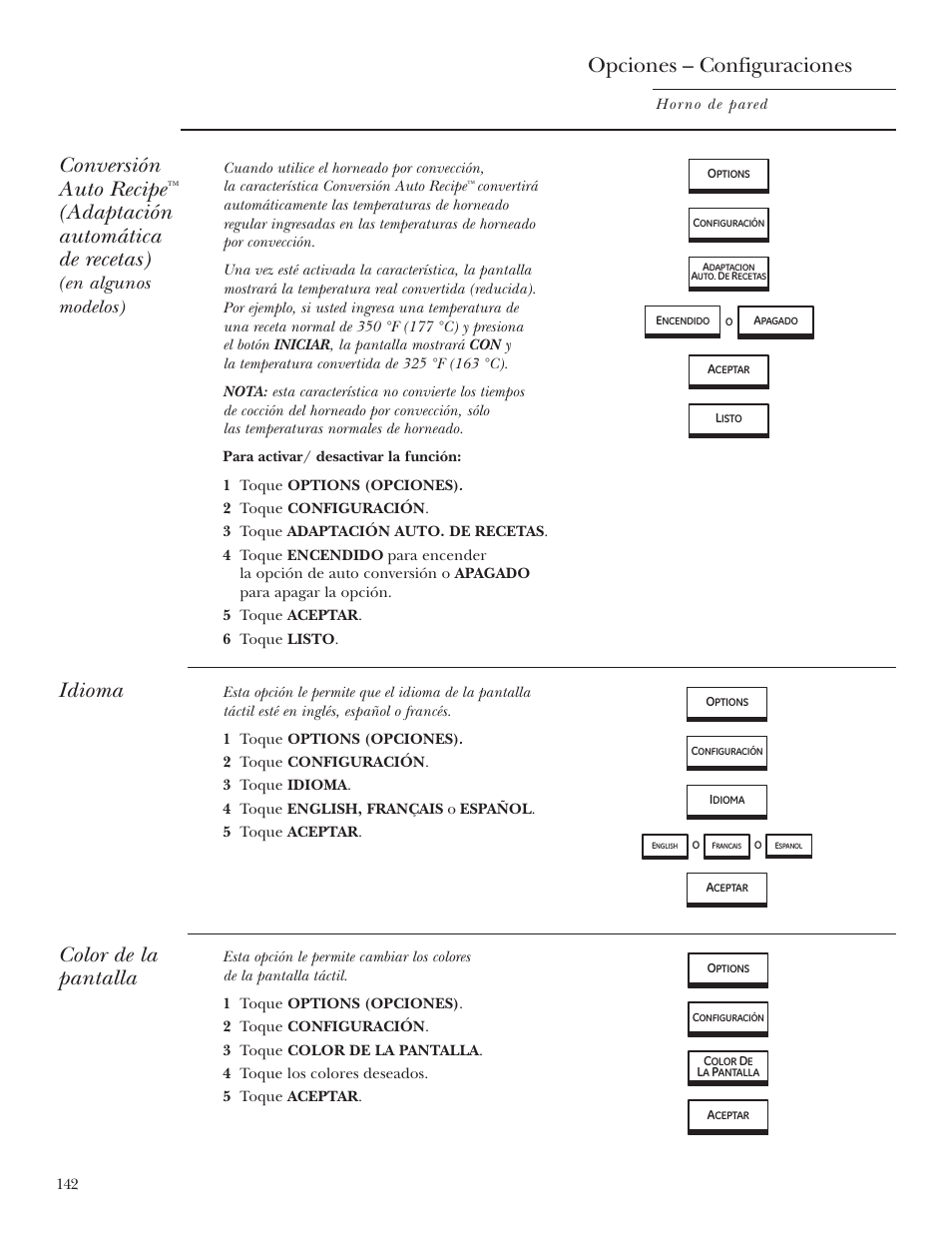 Adaptación auto de recetas, Color de la pantalla, Idioma | Opciones – configuraciones, Conversión auto recipe, Adaptación automática de recetas), Idioma color de la pantalla, En algunos modelos) | GE ZET2R User Manual | Page 142 / 156