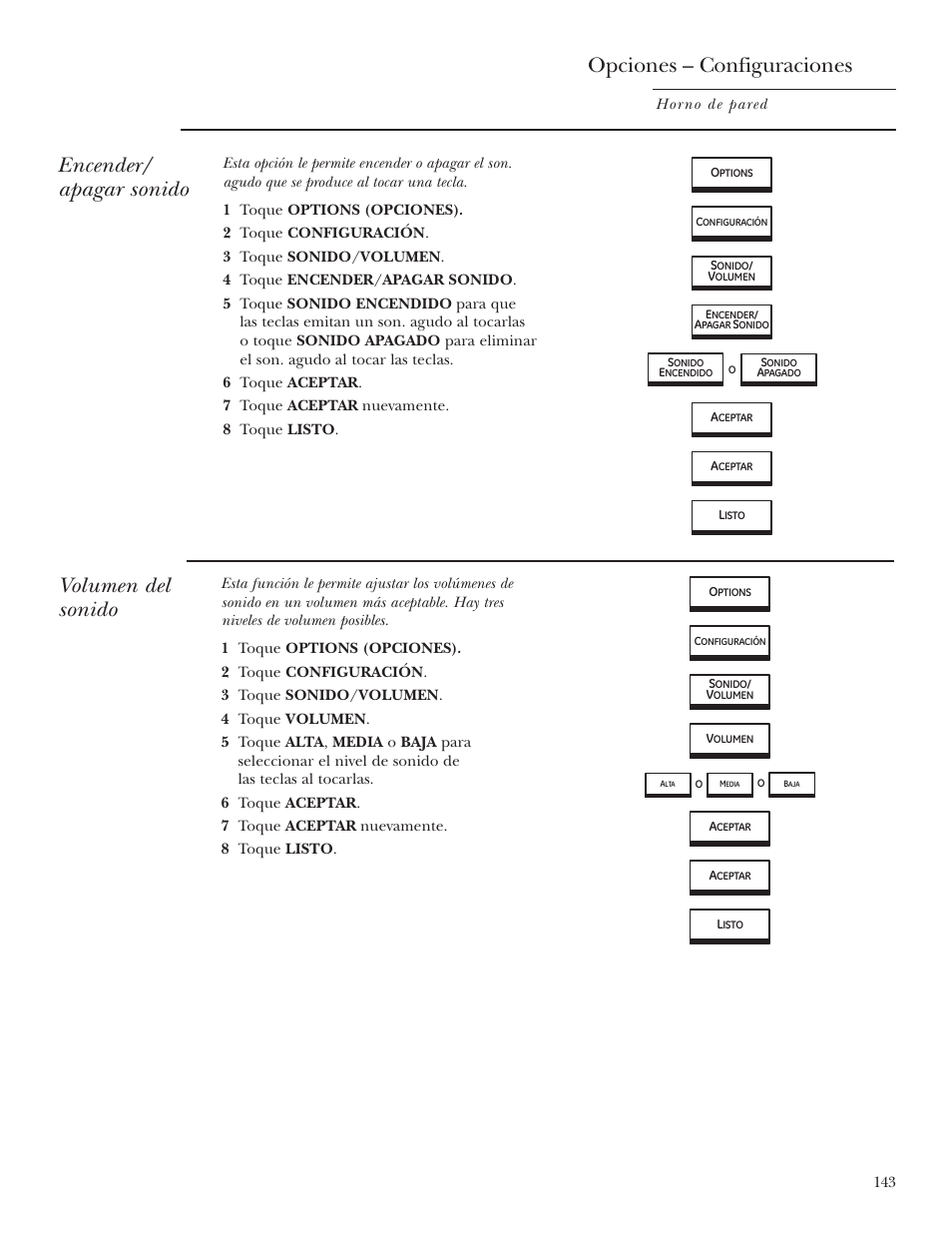 Encender/apagar sonido, Volumen del sonido, Opciones – configuraciones | Encender/ apagar sonido | GE ZET2R User Manual | Page 143 / 156