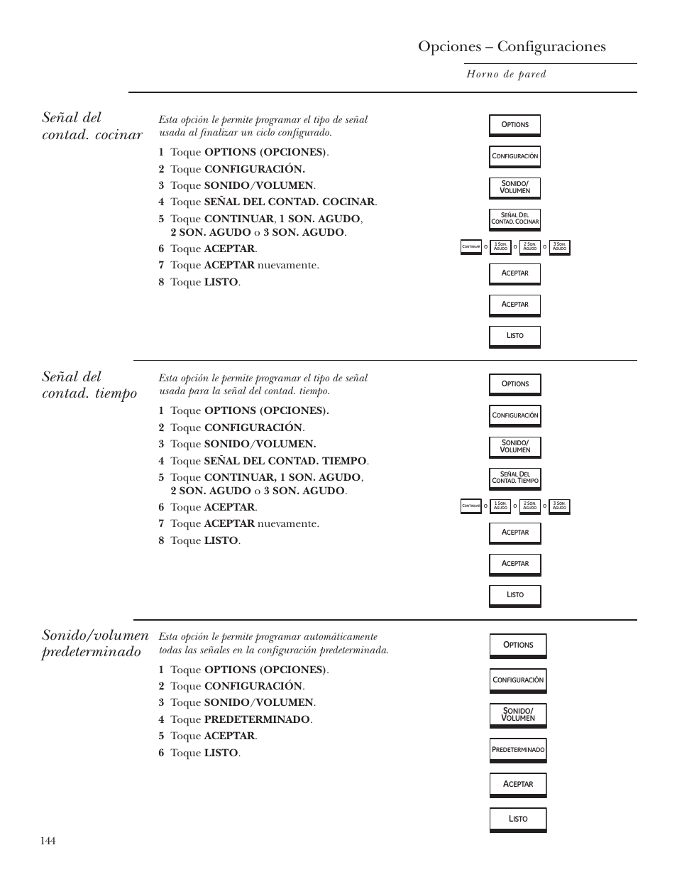 Señal del contad. cocinar, Señal del contad. tiempo, Sonido/volumen prederminado | Opciones – configuraciones, Horno de pared | GE ZET2R User Manual | Page 144 / 156