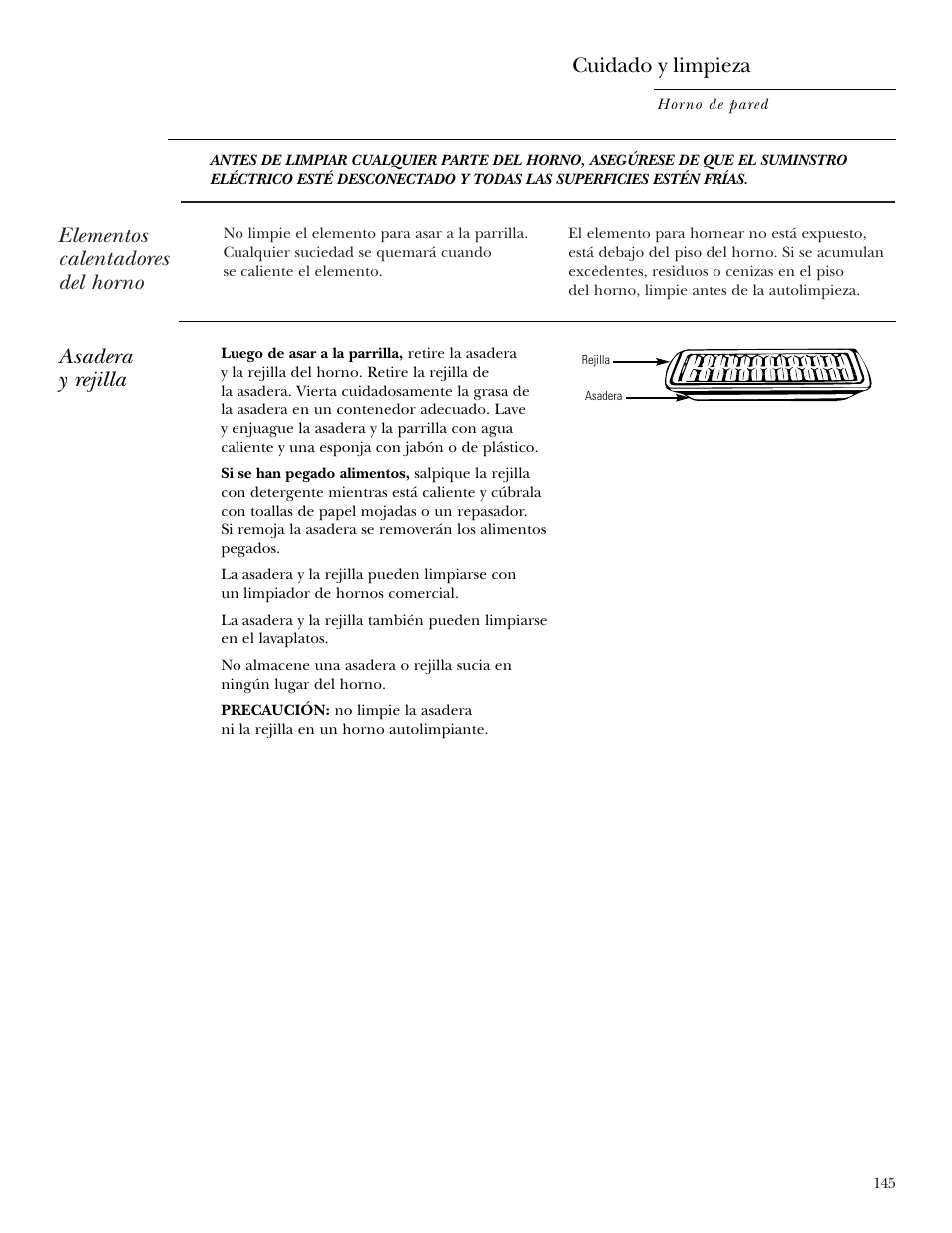 Asadera y rejilla, Elementos calentadores del horno, Cuidado y limpieza | GE ZET2R User Manual | Page 145 / 156