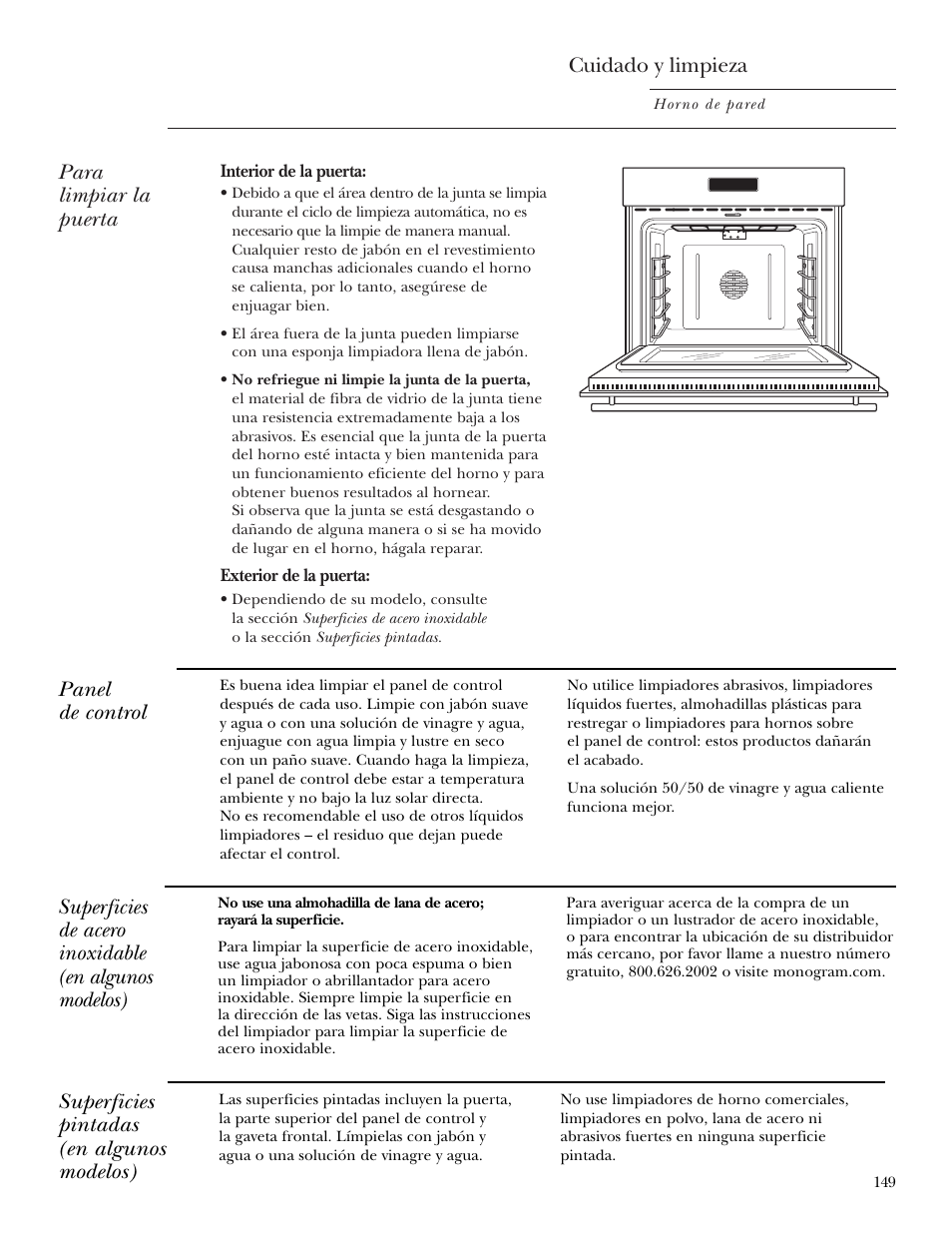 Panel de control, Superficies de acero inoxidable, Para limpiar la puerta | Cuidado y limpieza, Superficies pintadas (en algunos modelos) | GE ZET2R User Manual | Page 149 / 156