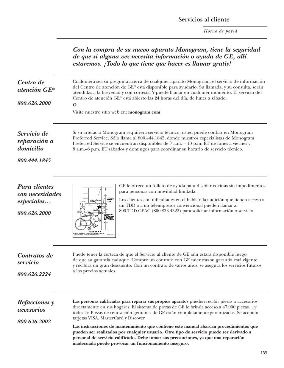 Números de teléfono importantes, Servicio de reparación a domicilio, Contratos de servicio | Refacciones y accesorios, Para clientes con necesidades especiales, Servicios al cliente | GE ZET2R User Manual | Page 155 / 156