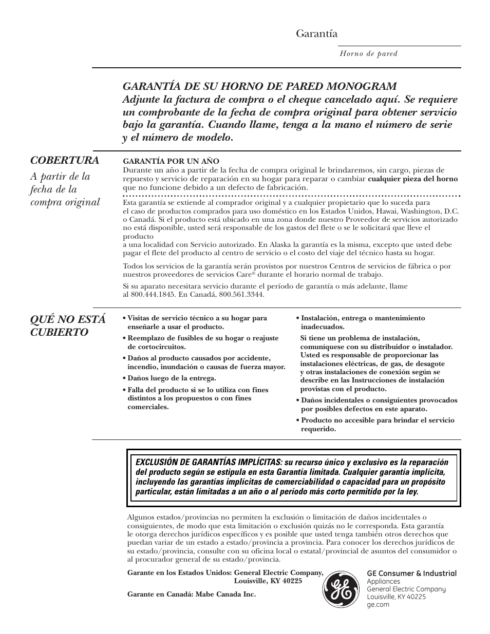 Garantía, Qué no está cubierto | GE ZET2R User Manual | Page 156 / 156