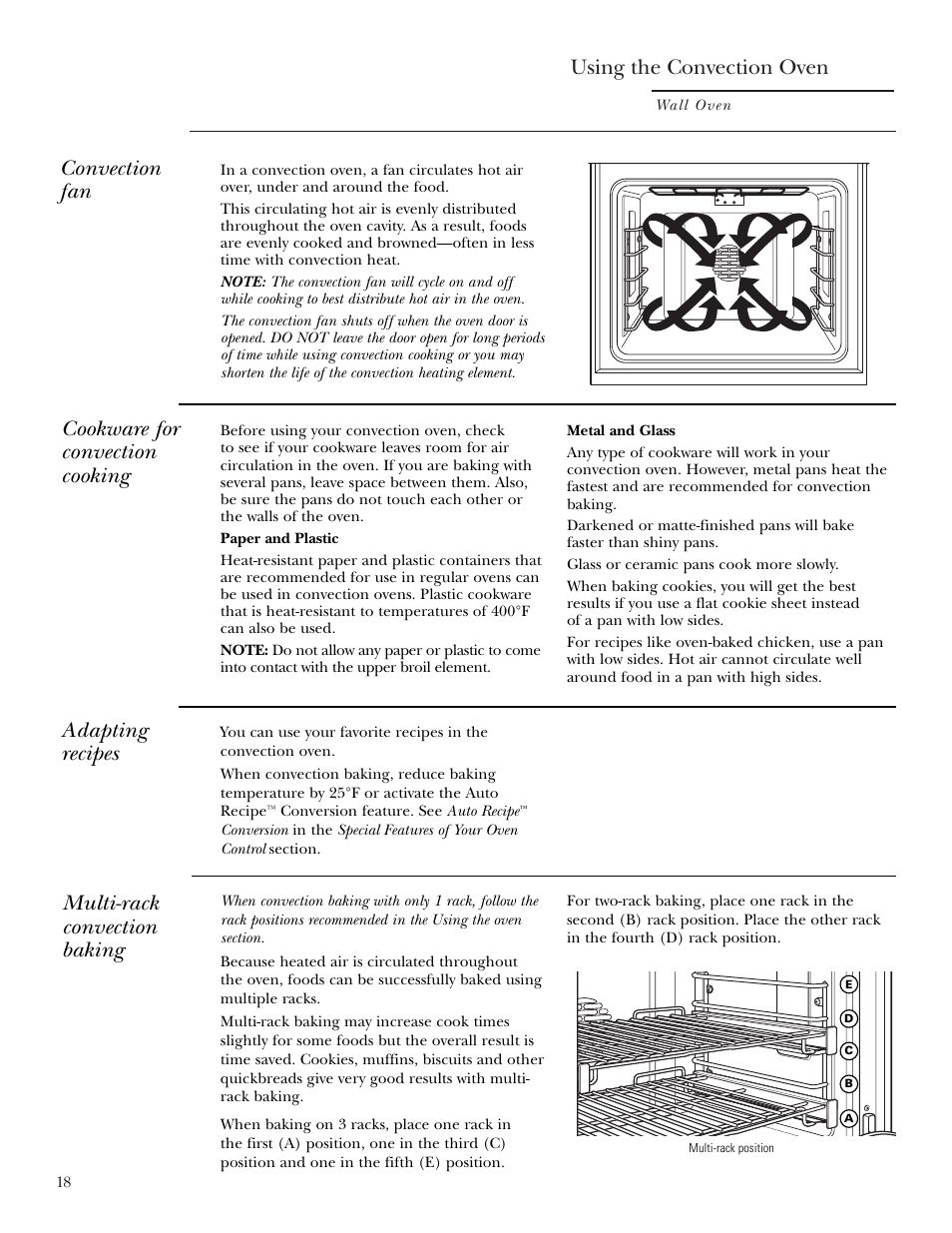 Convection, Convection –21, Using the convection oven | Convection fan, Cookware for convection cooking, Adapting recipes, Multi-rack convection baking | GE ZET2R User Manual | Page 18 / 156