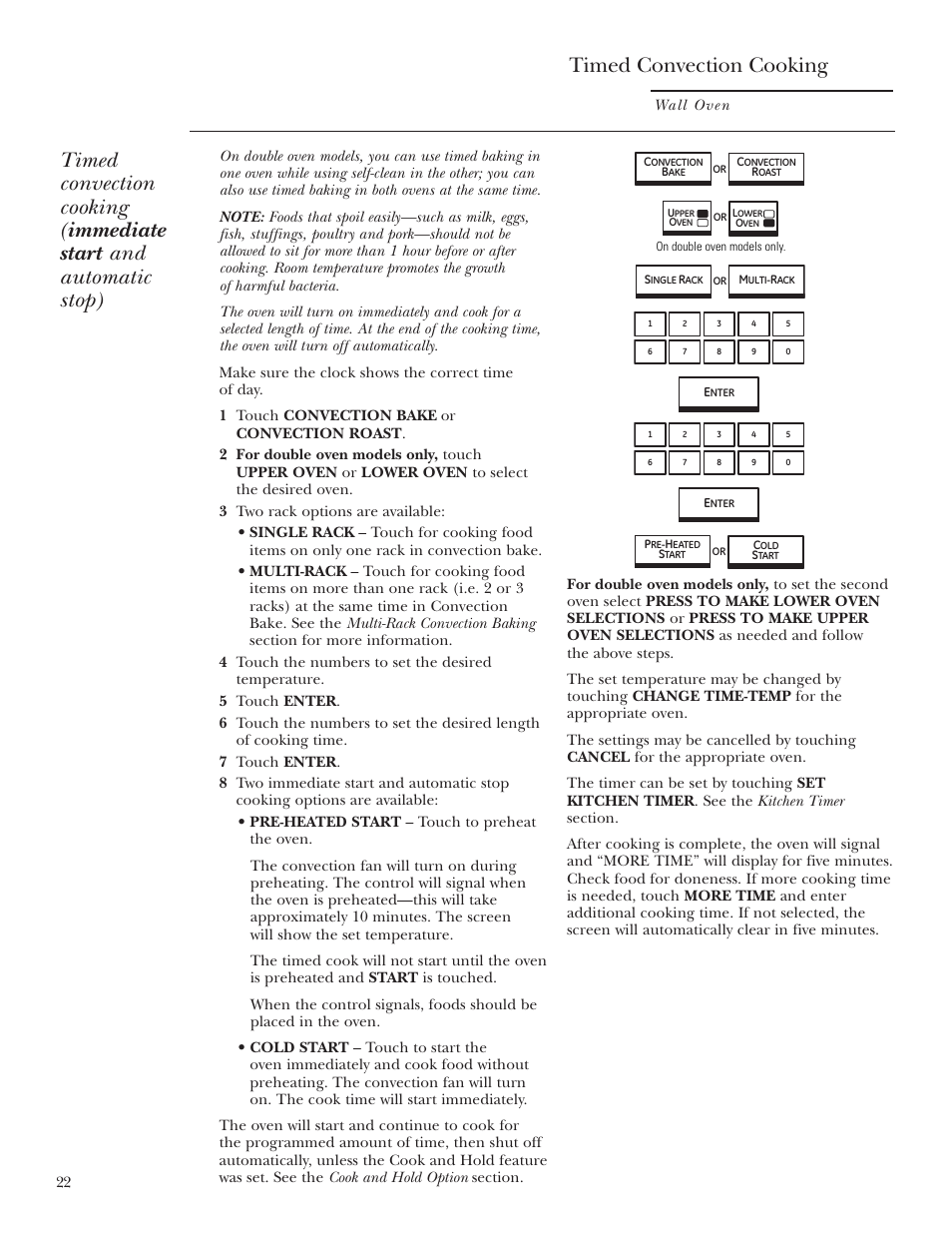 Timed convection baking and roasting, Timed convection baking and roasting .22, 23, Timed convection cooking | GE ZET2R User Manual | Page 22 / 156