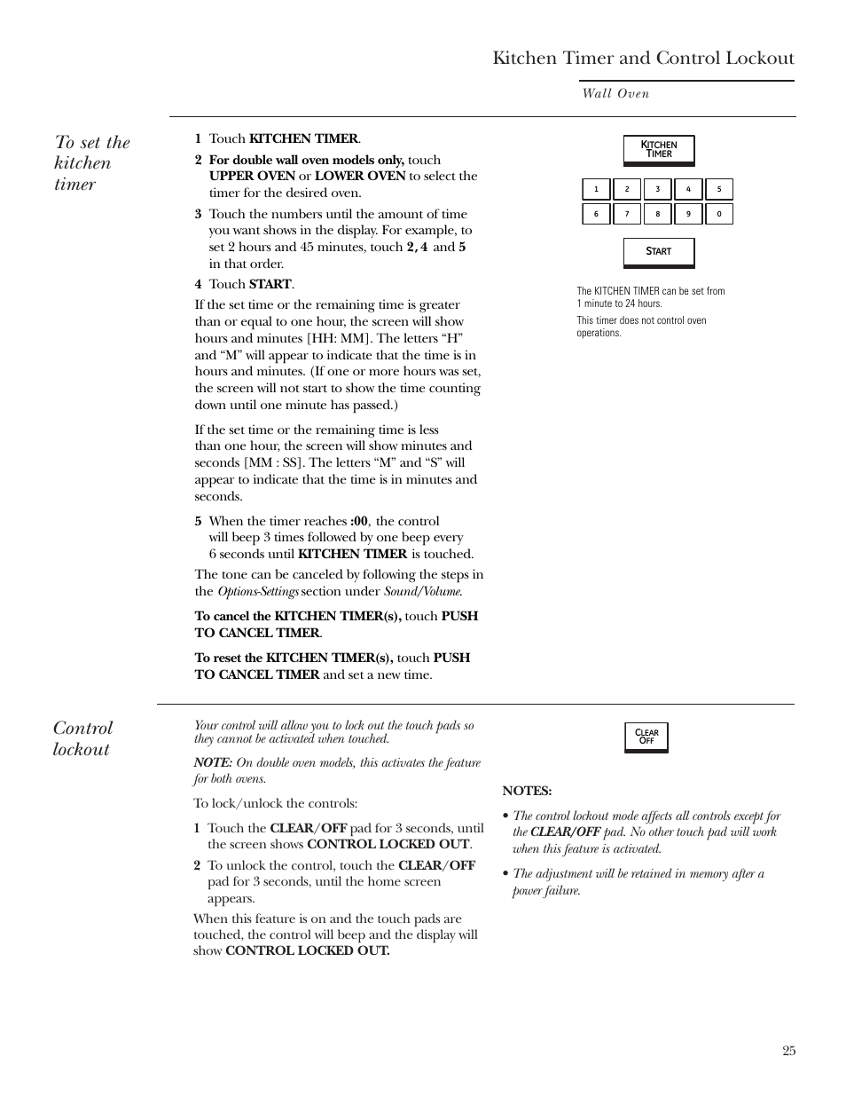 Kitchen timer, Kitchen timer and control lockout, Control lockout | GE ZET2R User Manual | Page 25 / 156