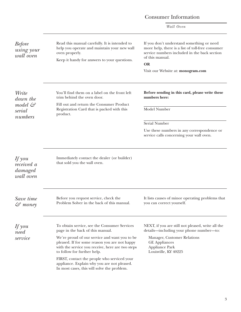 Model and serial numbers, Before using your wall oven, Write down the model & serial numbers | If you received a damaged wall oven, Save time & money, If you need service, Consumer information | GE ZET2R User Manual | Page 3 / 156