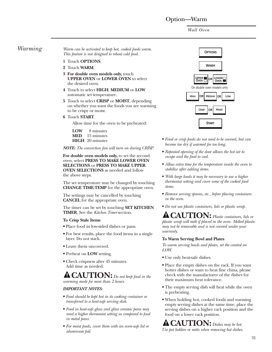 Warming, Warming –32, Caution | Option—warm | GE ZET2R User Manual | Page 31 / 156