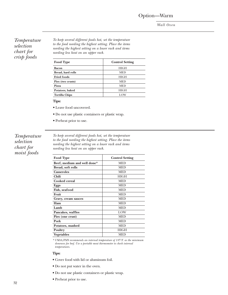 Temperature selection chart for moist foods | GE ZET2R User Manual | Page 32 / 156