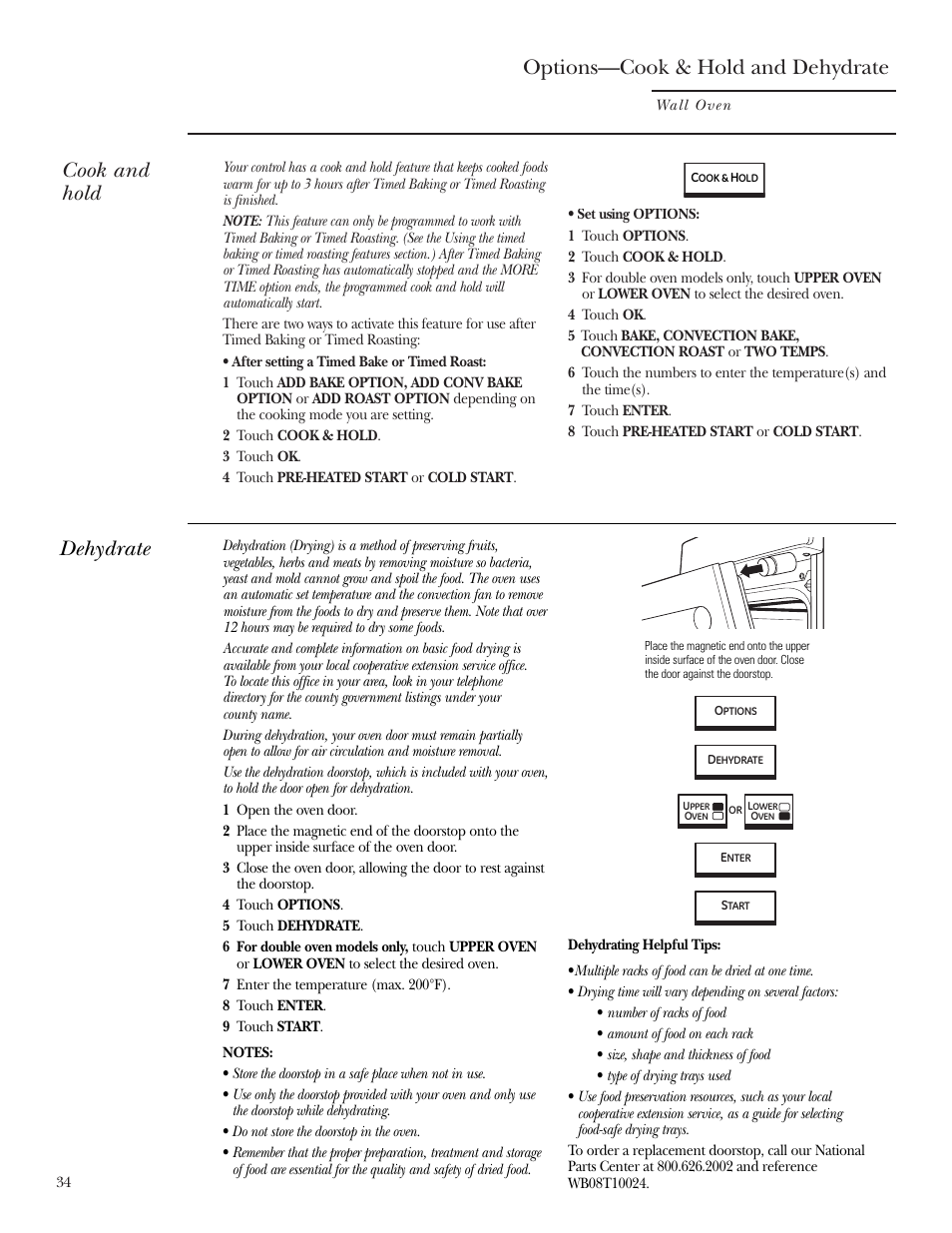 Cook and hold option, Dehydrate option, Cook and hold option dehydrate option | Options—cook & hold and dehydrate, Cook and hold, Dehydrate | GE ZET2R User Manual | Page 34 / 156