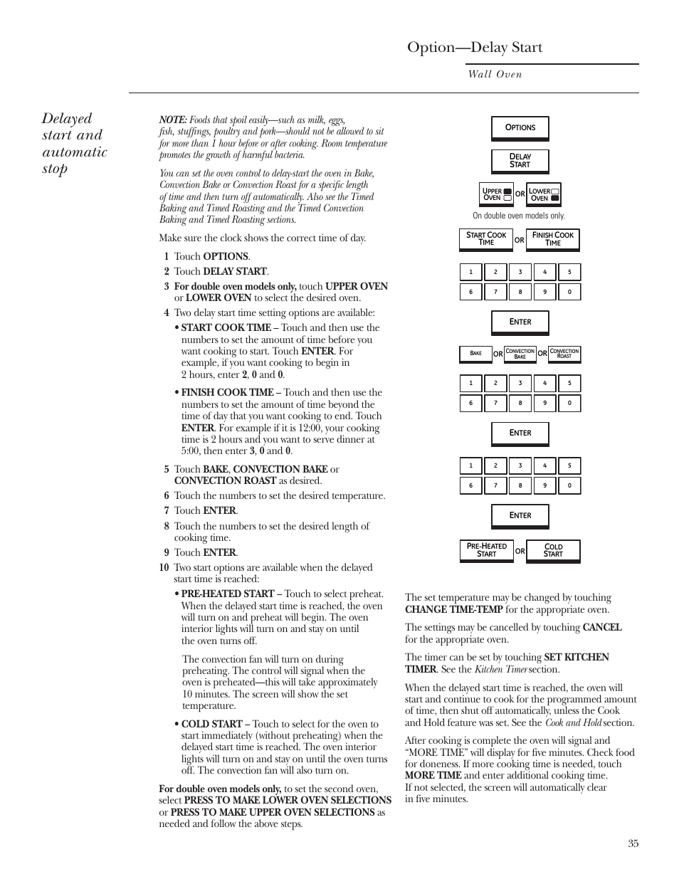 Delay option, Option—delay start, Delayed start and automatic stop | GE ZET2R User Manual | Page 35 / 156