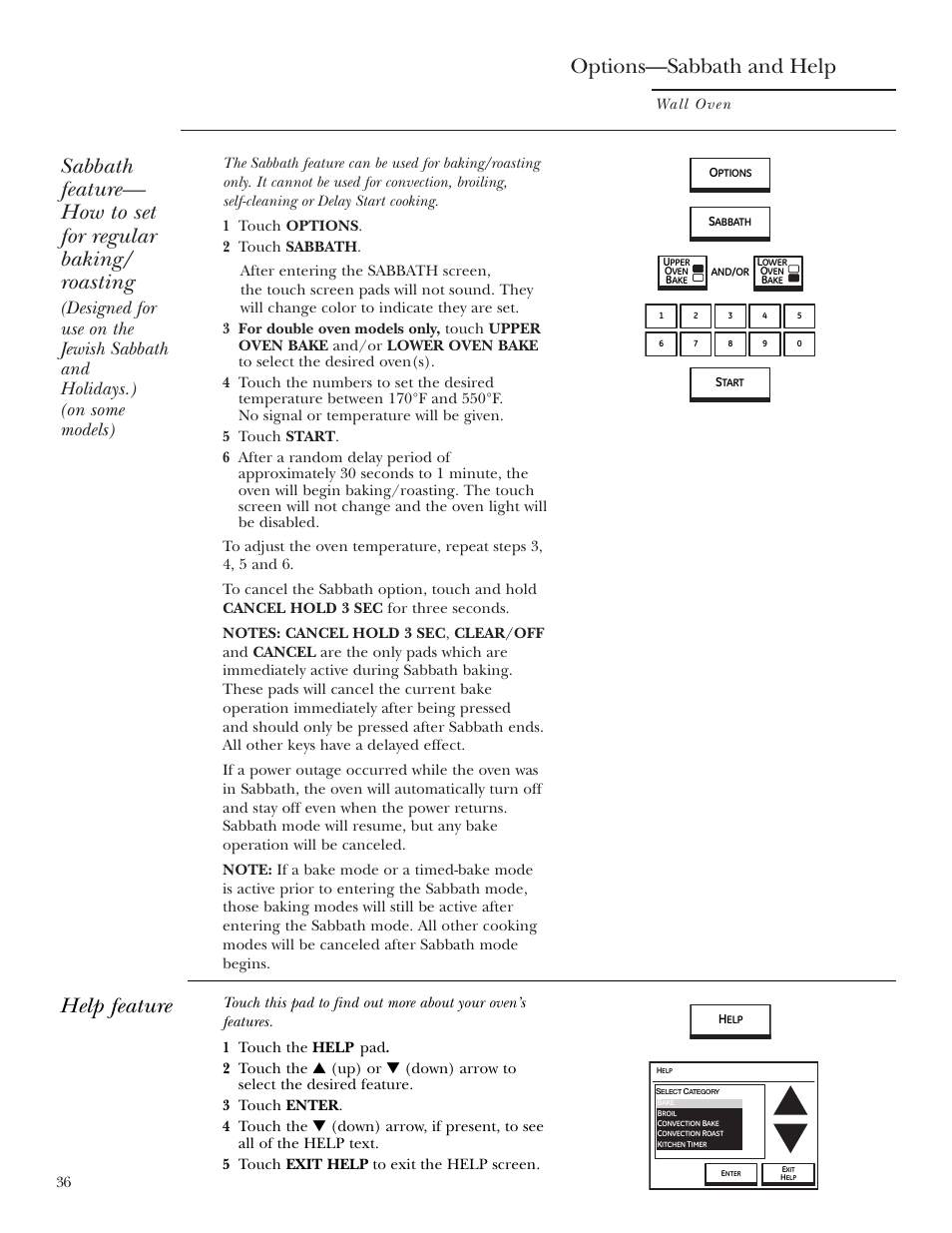 Help, Sabbath option, Options—sabbath and help | Help feature | GE ZET2R User Manual | Page 36 / 156