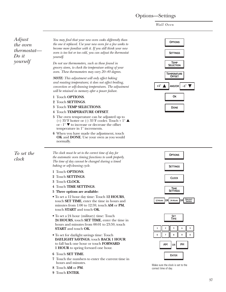 Option settings, Clock, Thermostat | Option settings –41, Options—settings, Adjust the oven thermostat— do it yourself | GE ZET2R User Manual | Page 37 / 156