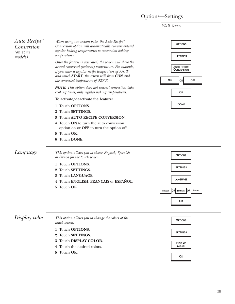 Auto recipe™ conversion, Display color, Language | Auto recipe, Conversion, Options—settings, Language display color, On some models) | GE ZET2R User Manual | Page 39 / 156