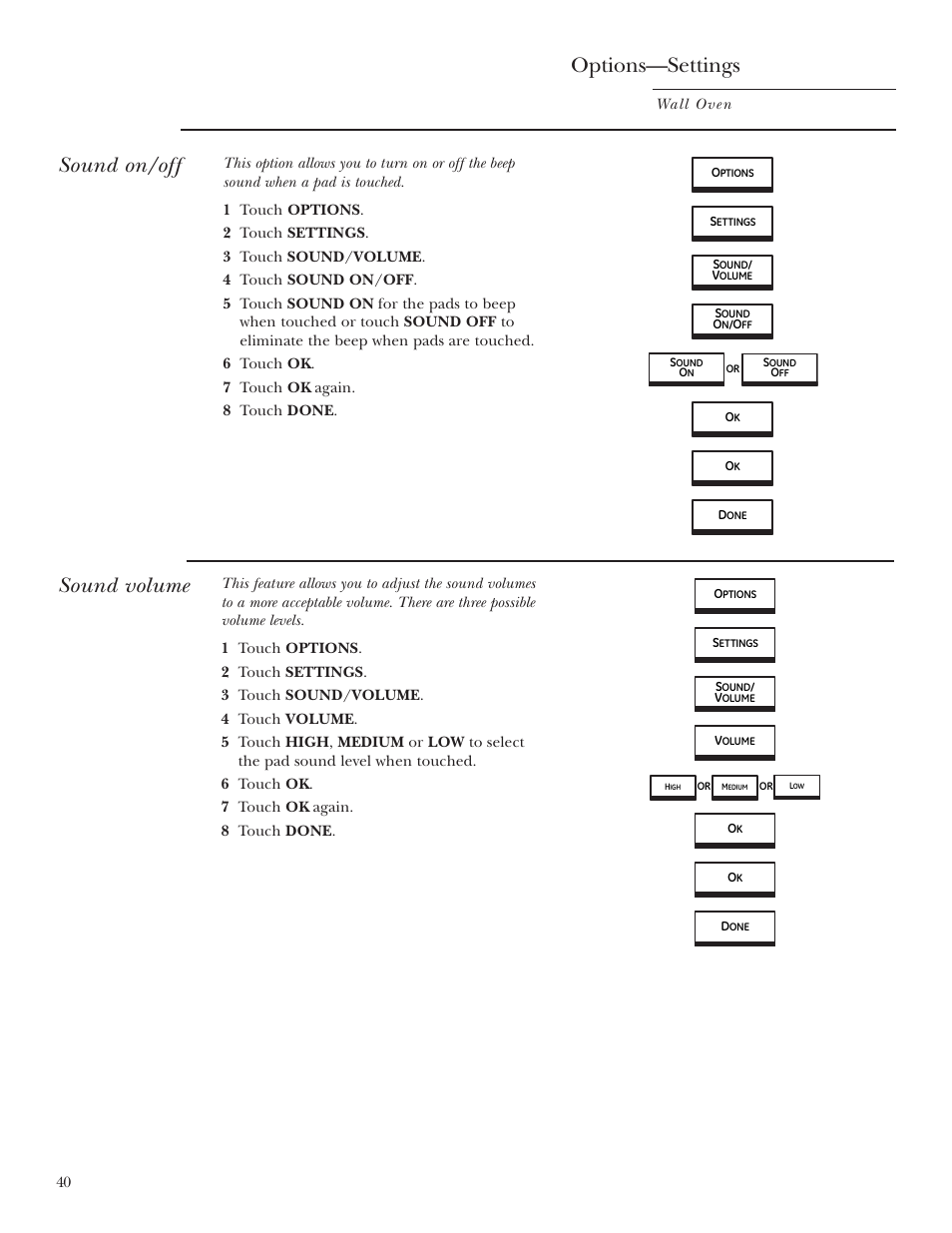 Sound on/off, Sound volume, Sound on/off sound volume | Options—settings | GE ZET2R User Manual | Page 40 / 156