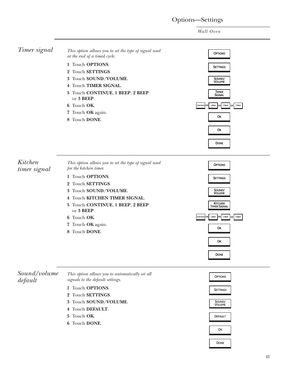 Default, Kitchen timer signal, Timer signal | Options—settings, Kitchen timer signal sound/volume default | GE ZET2R User Manual | Page 41 / 156