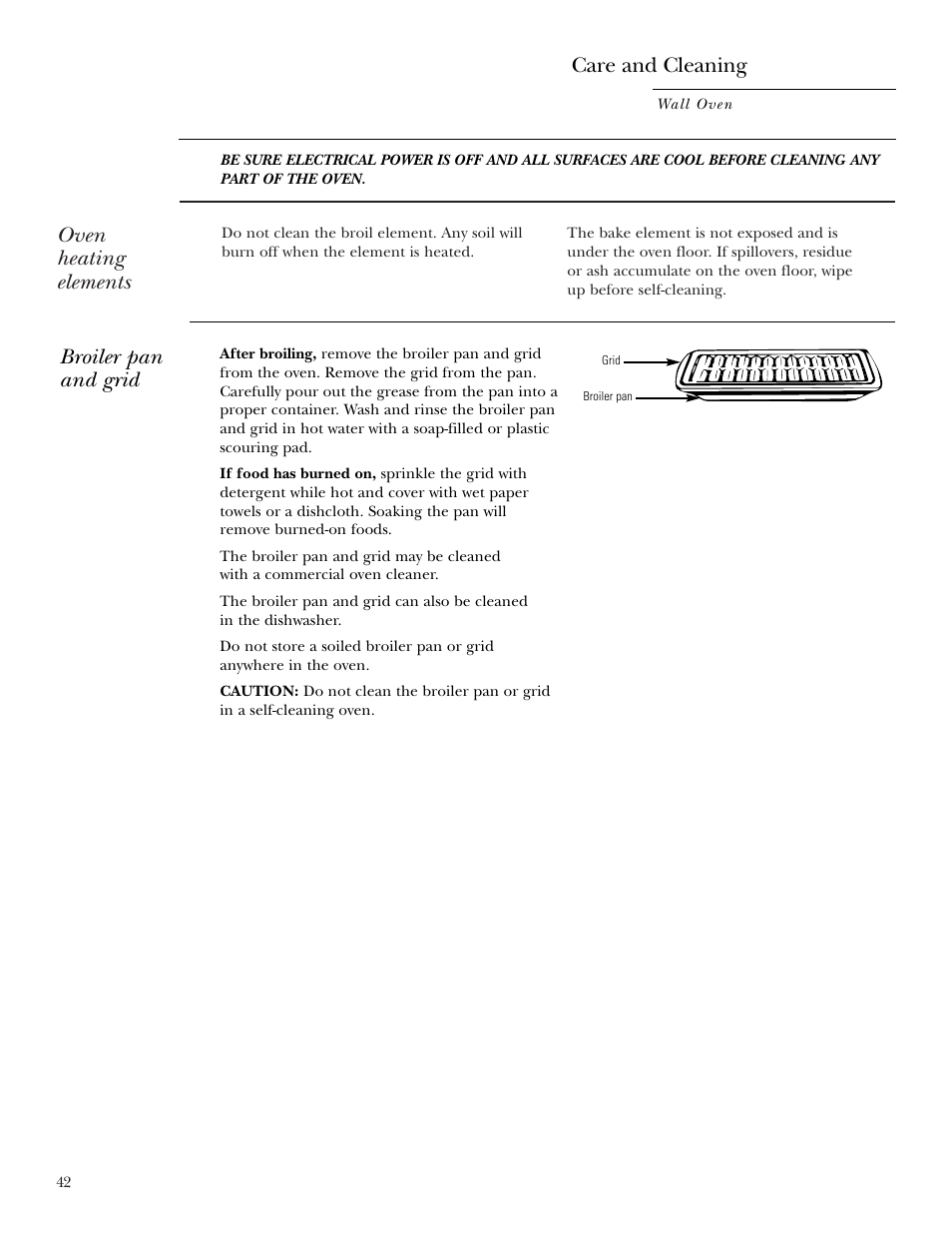 Broiler pan and grid, Oven heating elements, Care and cleaning | GE ZET2R User Manual | Page 42 / 156