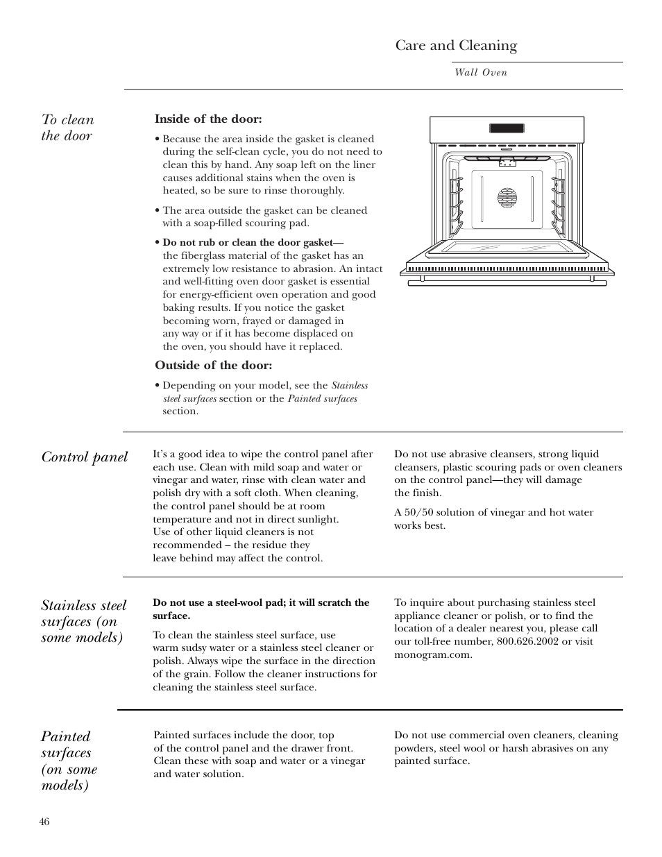 Control panel, Stainless steel surfaces, Care and cleaning | Painted surfaces (on some models), Stainless steel surfaces (on some models) | GE ZET2R User Manual | Page 46 / 156