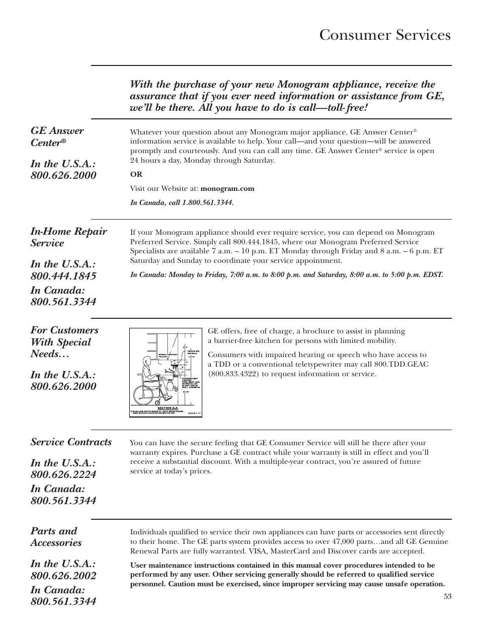 Important phone numbers, Consumer services | GE ZET2R User Manual | Page 53 / 156