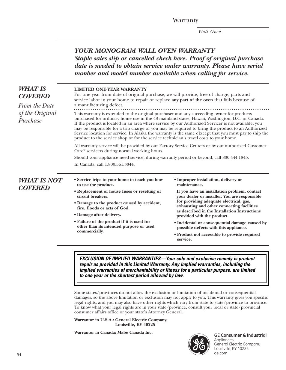 Warranty, What is not covered | GE ZET2R User Manual | Page 54 / 156