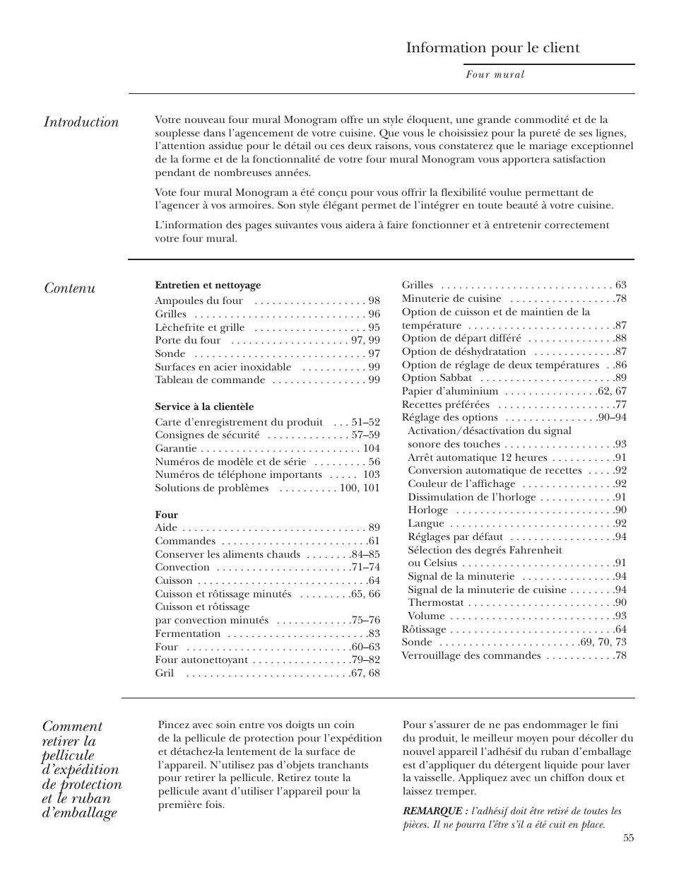 Français, Entretien et nettoyage, Service à la clientèle | Four, Information pour le client, Introduction, Contenu | GE ZET2R User Manual | Page 55 / 156