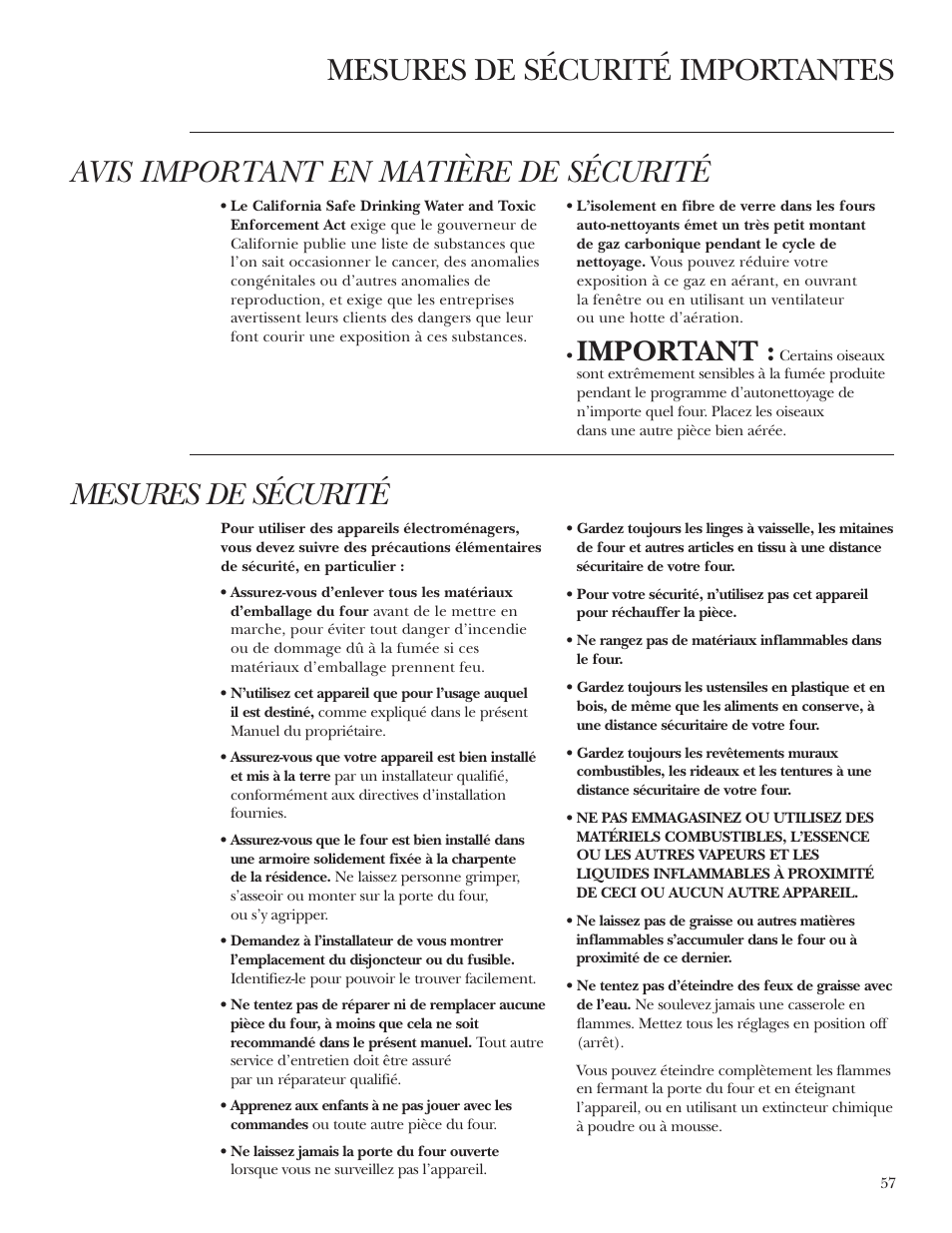 Consignes de sécurité, Consignes de sécurité –59, Mesures de sécurité | Important | GE ZET2R User Manual | Page 57 / 156