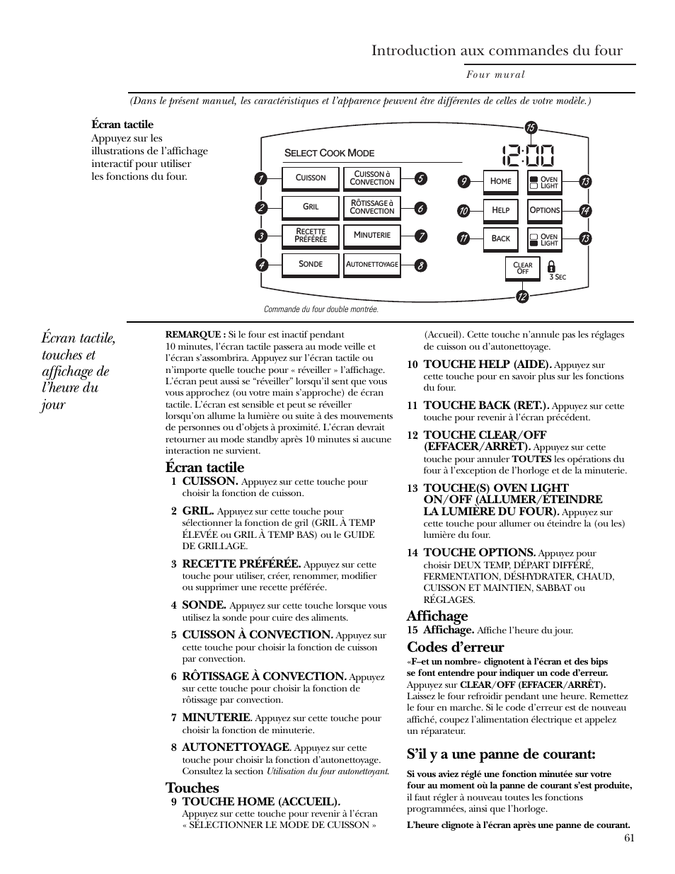 Commandes, Introduction aux commandes du four, Écran tactile | Touches, Affichage, Codes d’erreur, S’il y a une panne de courant | GE ZET2R User Manual | Page 61 / 156