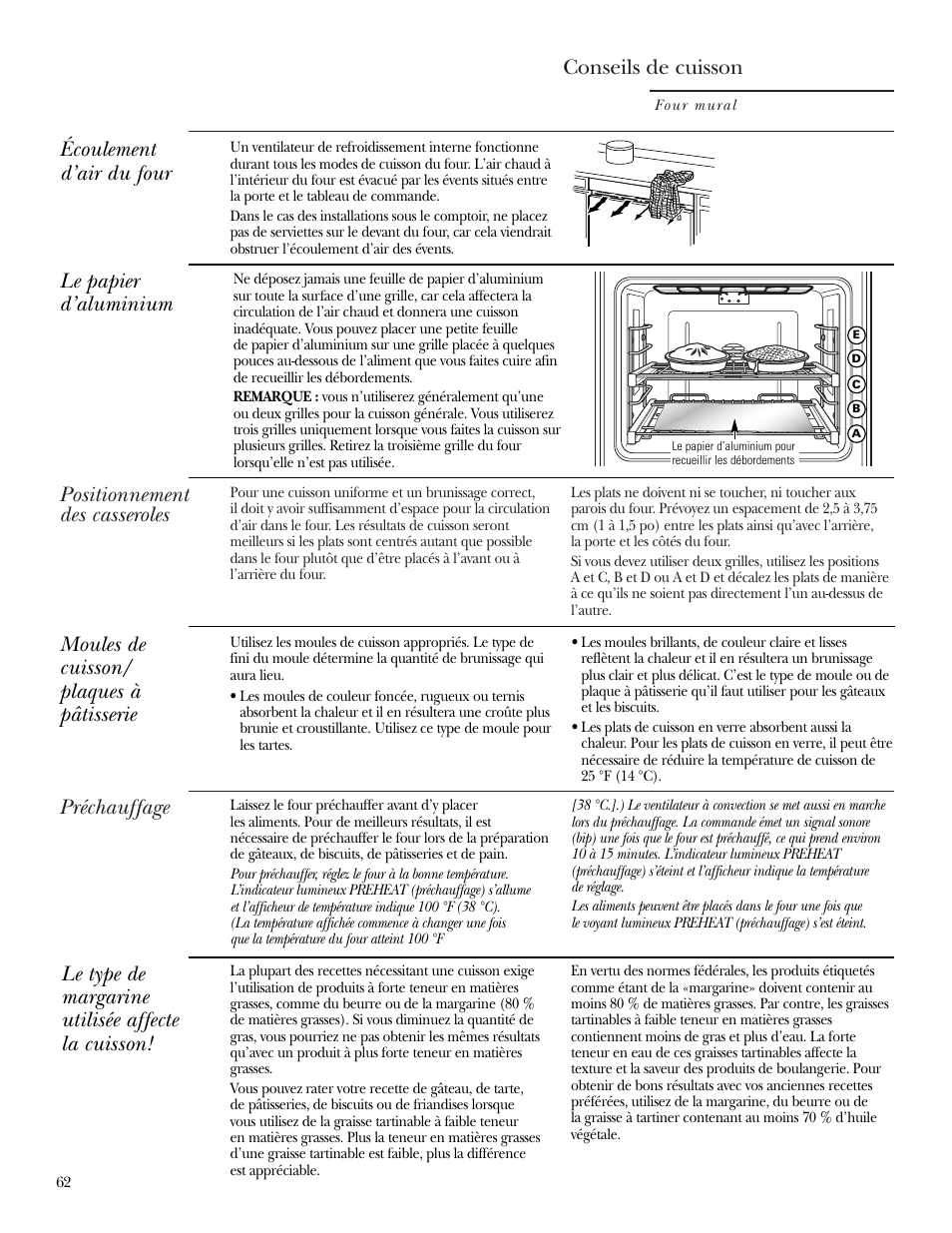 Papier d’aluminium, Papier d’aluminium , 67, Conseils de cuisson | Positionnement des casseroles, Préchauffage le papier d’aluminium, Écoulement d’air du four | GE ZET2R User Manual | Page 62 / 156