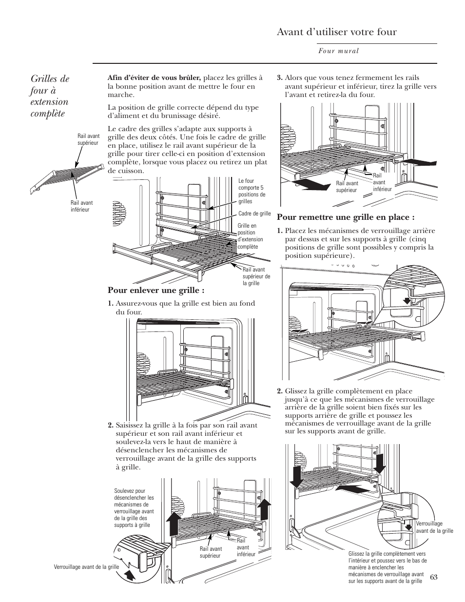 Grilles, Avant d’utiliser votre four, Grilles de four à extension complète | Pour enlever une grille, Pour remettre une grille en place | GE ZET2R User Manual | Page 63 / 156