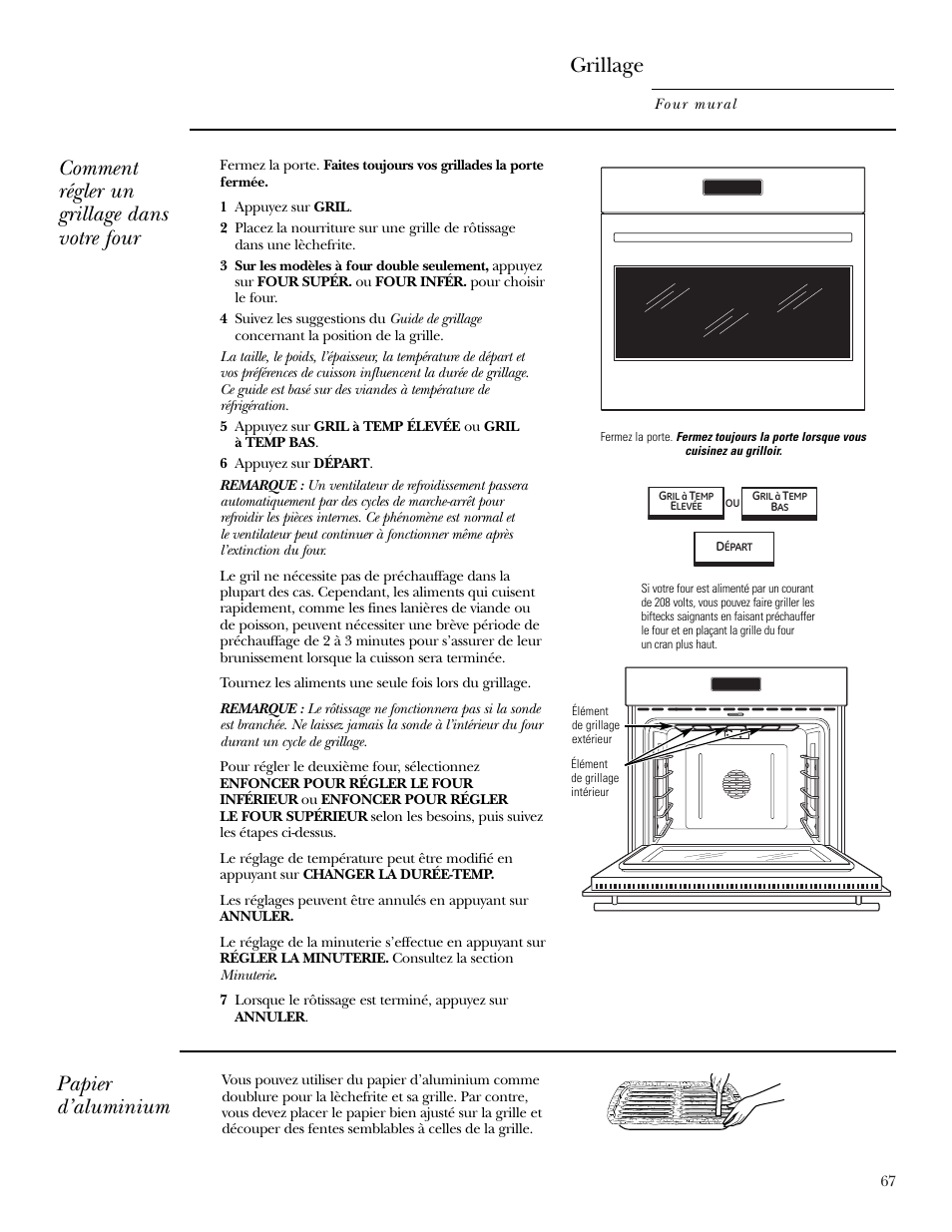 Gril, Gril , 68, Papier d’aluminium | Grillage, Comment régler un grillage dans votre four | GE ZET2R User Manual | Page 67 / 156