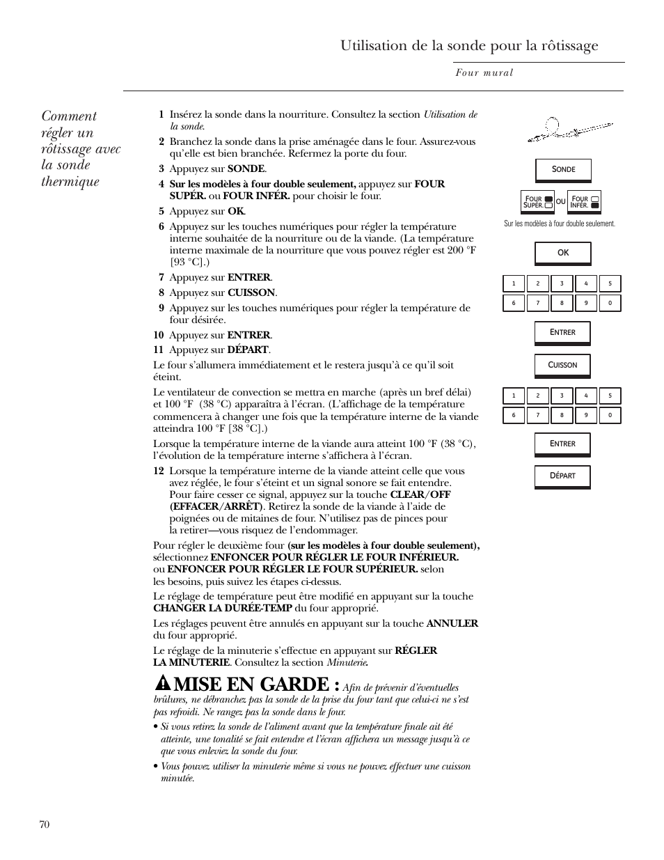 Mise en garde, Utilisation de la sonde pour la rôtissage | GE ZET2R User Manual | Page 70 / 156