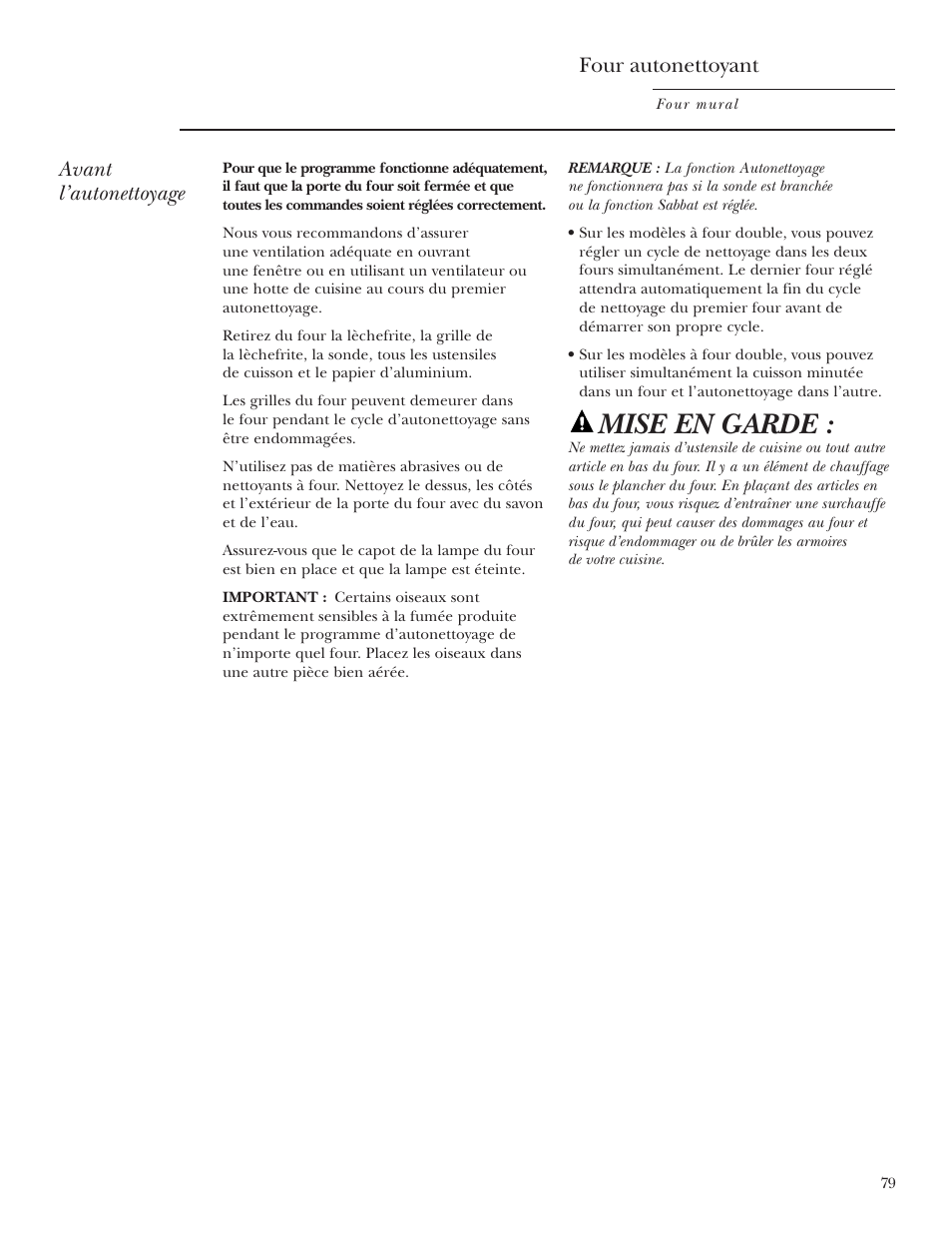 Four autonettoyant, Four autonettoyant –82, Mise en garde | Avant l’autonettoyage | GE ZET2R User Manual | Page 79 / 156