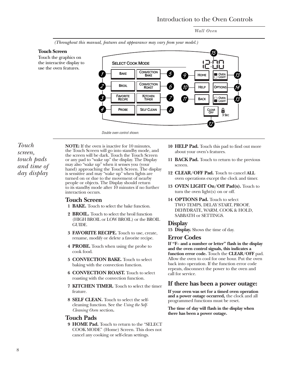 Controls, Introduction to the oven controls, Touch screen, touch pads and time of day display | Touch screen, Touch pads, Display, Error codes, If there has been a power outage | GE ZET2R User Manual | Page 8 / 156